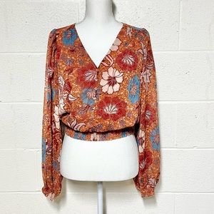 Joie Shimmery Rust & Blue Long Sleeve Elastic Waist/Cuffs Tropical Floral Top S